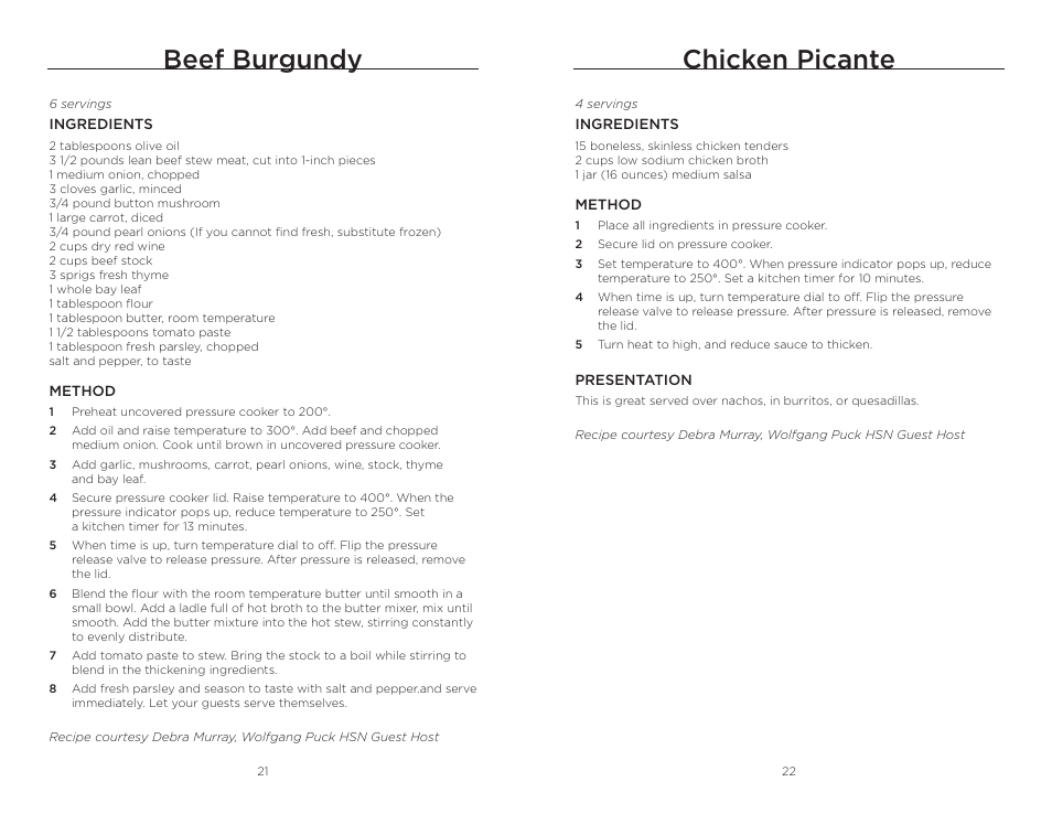 Chicken picante, Beef burgundy | Wolfgang Puck BPCR0010 User Manual | Page 12 / 24