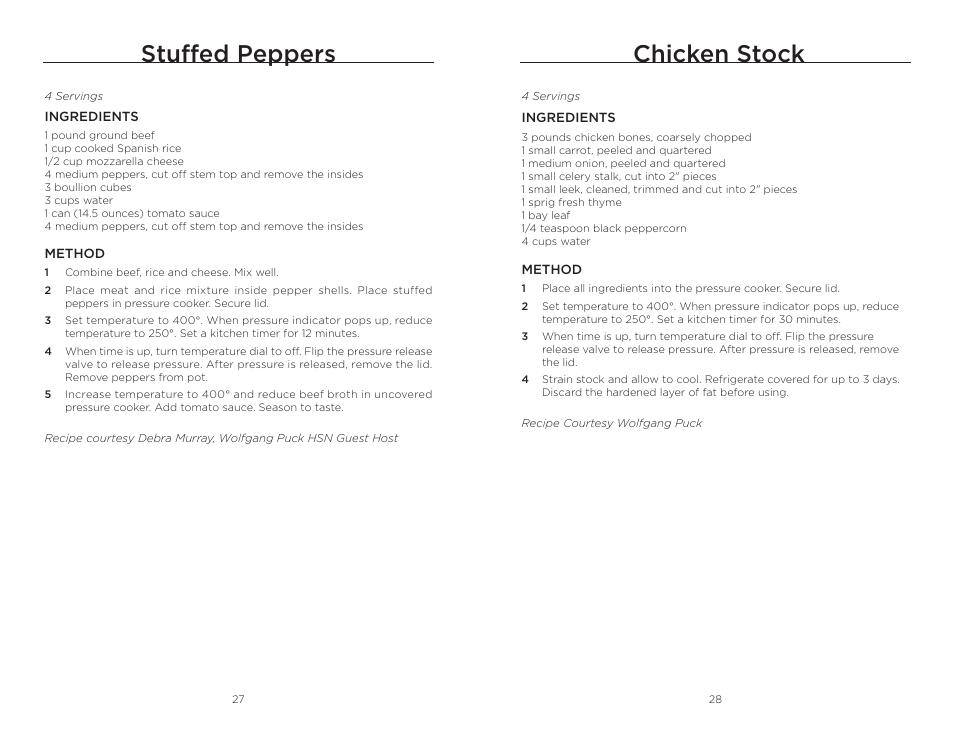 Stuffed peppers, Chicken stock | Wolfgang Puck BPCR0010 User Manual | Page 15 / 24