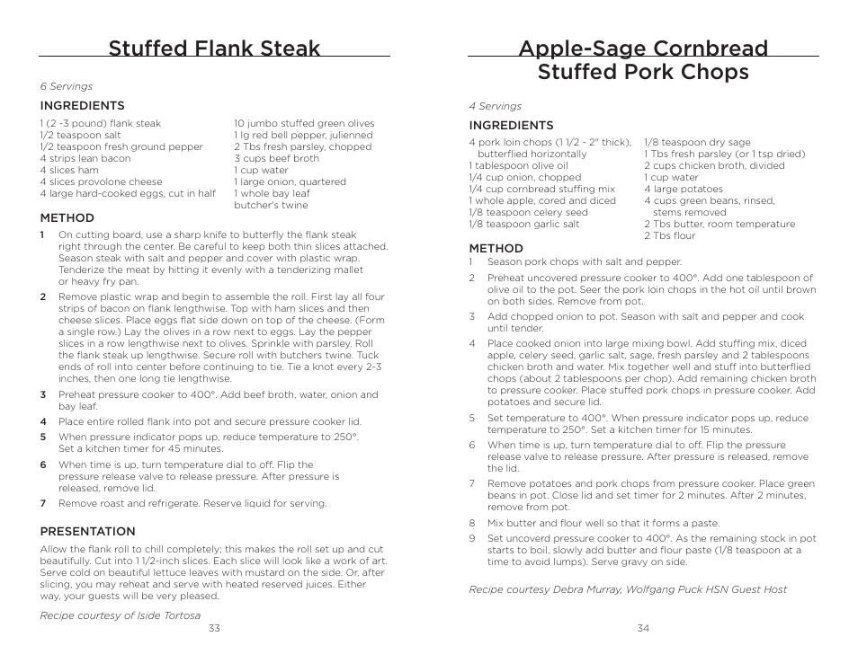 Apple-sage cornbread stuffed pork chops, Stuffed flank steak | Wolfgang Puck BPCR0010 User Manual | Page 18 / 24