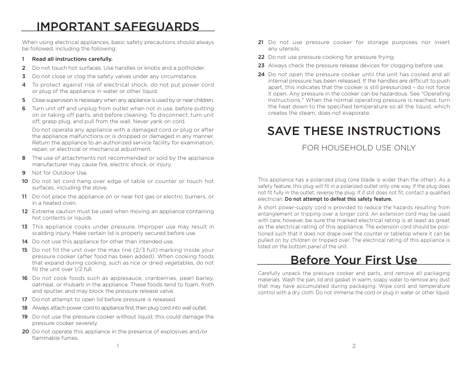 Before your first use, Important safeguards, Save these instructions | For household use only | Wolfgang Puck BPCR0010 User Manual | Page 2 / 24