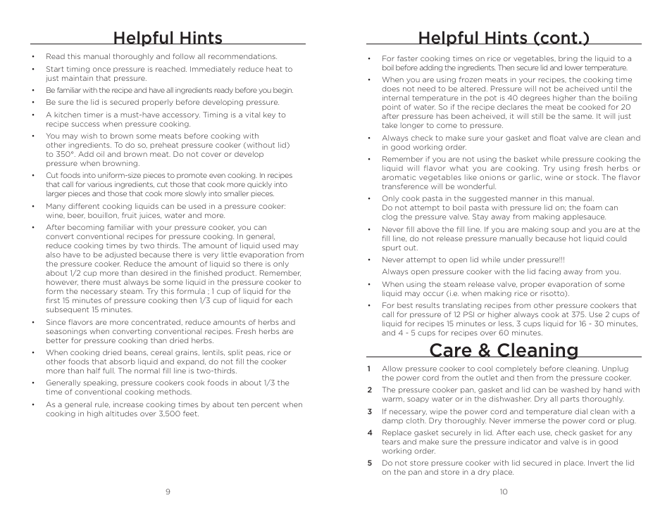 Care & cleaning, Helpful hints (cont.), Helpful hints | Wolfgang Puck BPCR0010 User Manual | Page 6 / 24