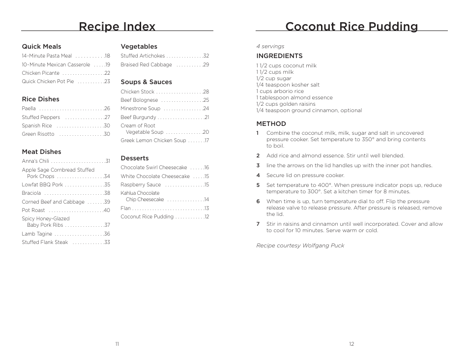 Recipe index coconut rice pudding | Wolfgang Puck BPCR0010 User Manual | Page 7 / 24