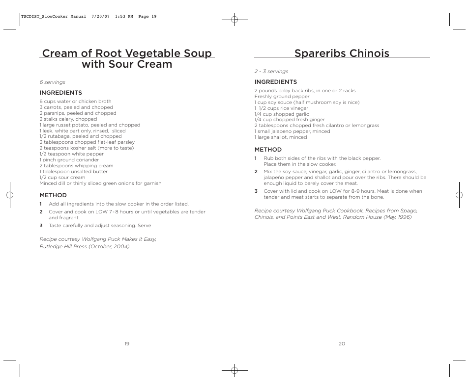 Spareribs chinois, Cream of root vegetable soup with sour cream | Wolfgang Puck WPSC0017C User Manual | Page 10 / 11