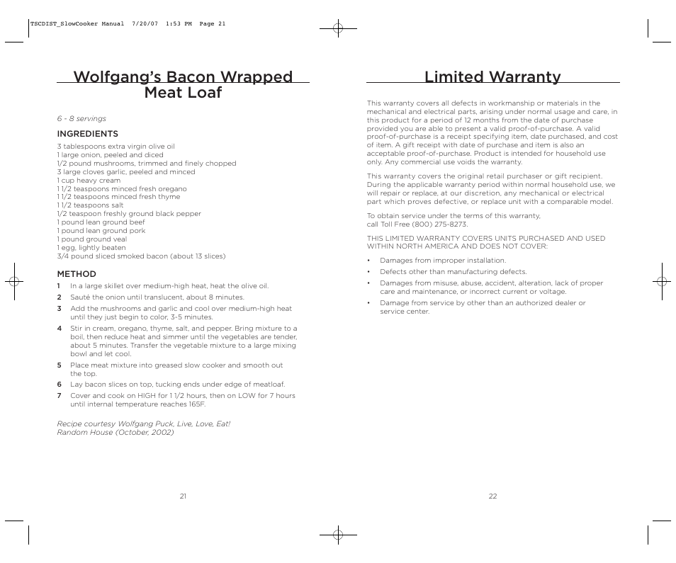 Limited warranty, Wolfgang’s bacon wrapped meat loaf | Wolfgang Puck WPSC0017C User Manual | Page 11 / 11