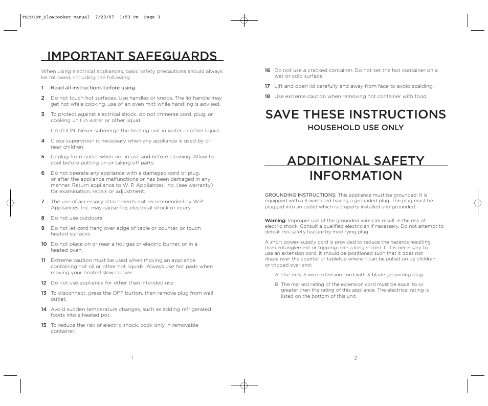 Important safeguards, Additional safety information, Save these instructions | Household use only | Wolfgang Puck WPSC0017C User Manual | Page 2 / 11