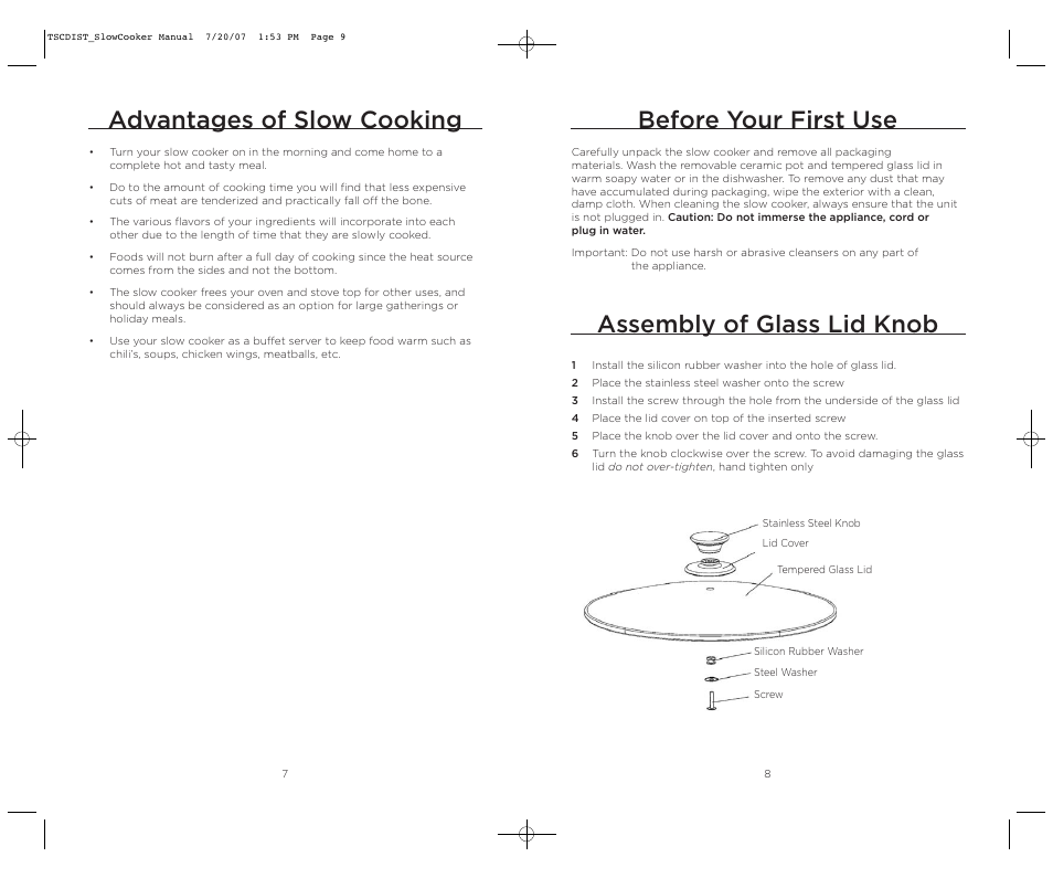 Advantages of slow cooking, Before your first use, Assembly of glass lid knob | Wolfgang Puck WPSC0017C User Manual | Page 5 / 11