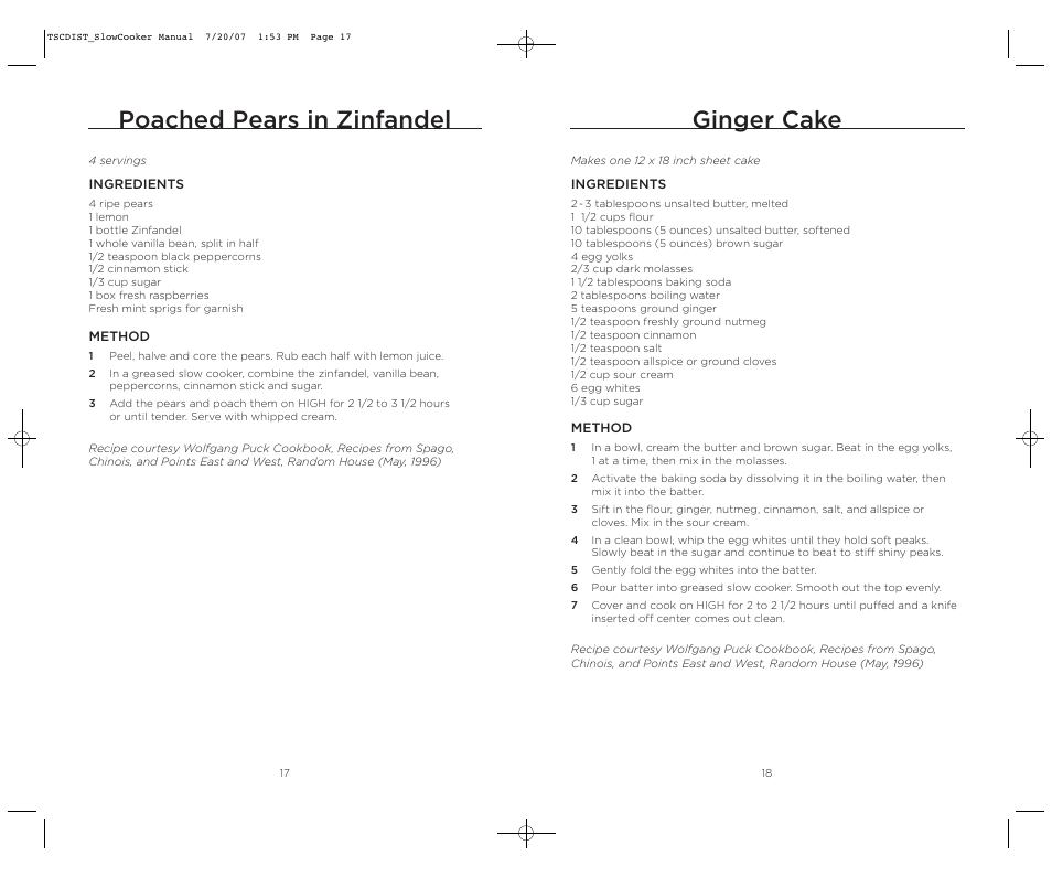 Ginger cake, Poached pears in zinfandel | Wolfgang Puck WPSC0017C User Manual | Page 9 / 11