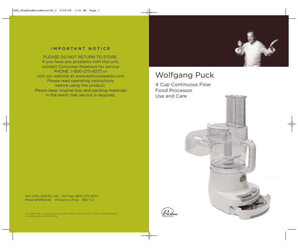 Wolfgang Puck BFPR0040 User Manual | 27 pages