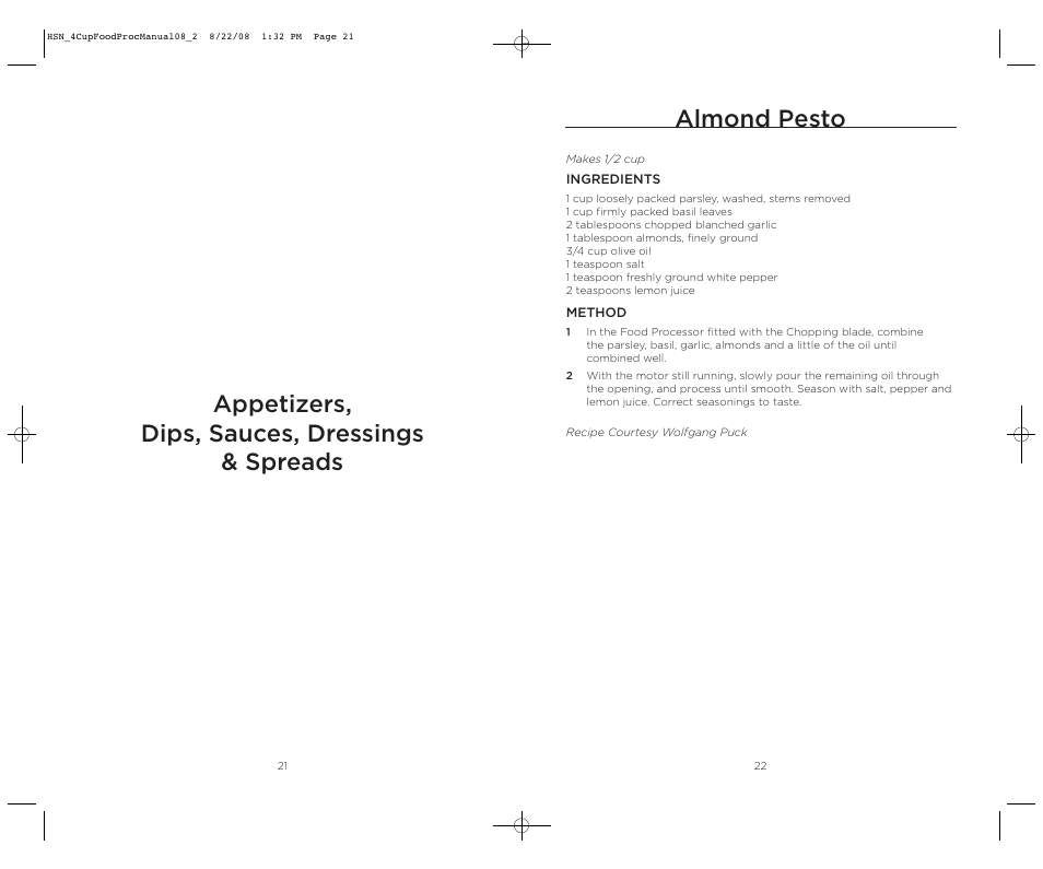 Almond pesto, Appetizers, dips, sauces, dressings & spreads | Wolfgang Puck BFPR0040 User Manual | Page 12 / 27