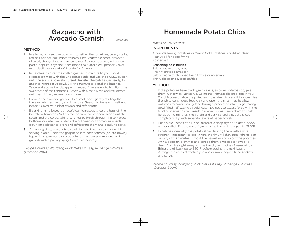 Homemade potato chips, Gazpacho with avocado garnish | Wolfgang Puck BFPR0040 User Manual | Page 17 / 27