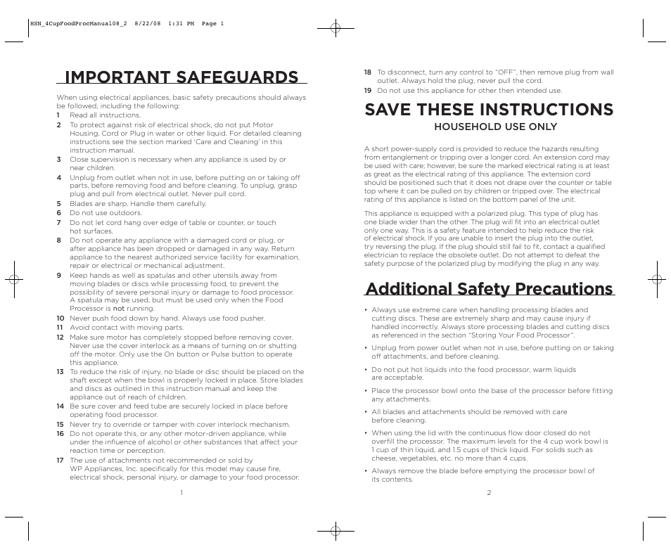 Important safeguards, Save these instructions, Additional safety precautions | Household use only | Wolfgang Puck BFPR0040 User Manual | Page 2 / 27