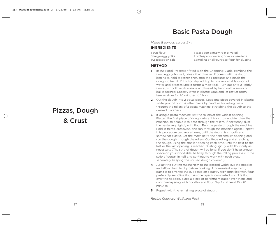 Basic pasta dough, Pizzas, dough & crust | Wolfgang Puck BFPR0040 User Manual | Page 20 / 27