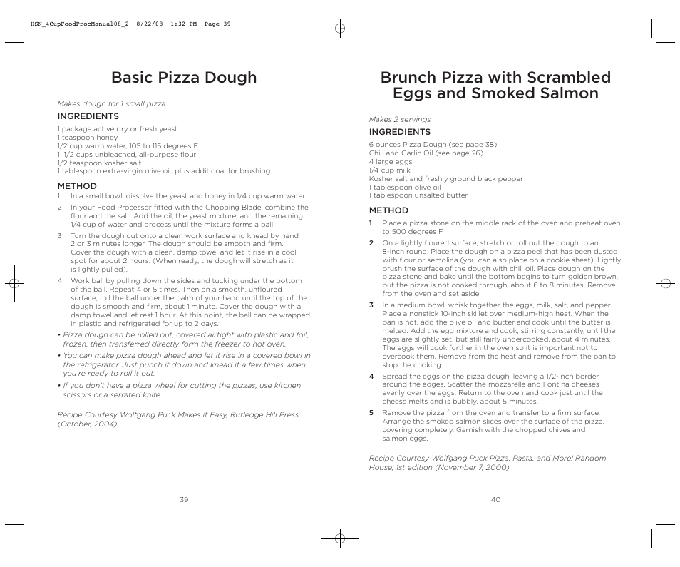 Brunch pizza with scrambled eggs and smoked salmon, Basic pizza dough | Wolfgang Puck BFPR0040 User Manual | Page 21 / 27