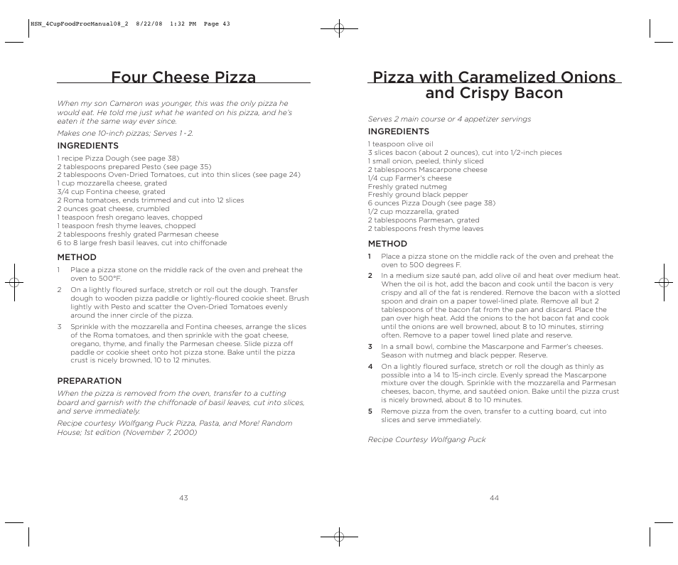 Pizza with caramelized onions and crispy bacon, Four cheese pizza | Wolfgang Puck BFPR0040 User Manual | Page 23 / 27
