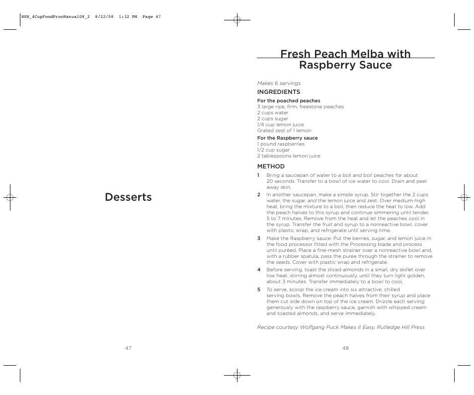 Fresh peach melba with raspberry sauce, Desserts | Wolfgang Puck BFPR0040 User Manual | Page 25 / 27
