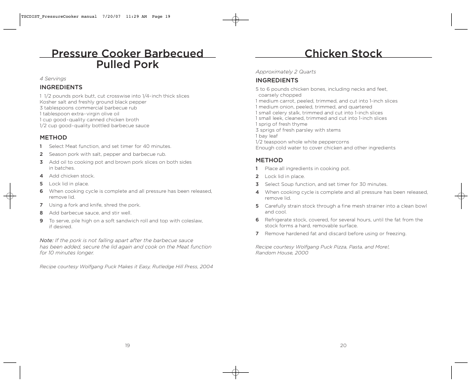 Chicken stock, Pressure cooker barbecued pulled pork | Wolfgang Puck WPPCR005C User Manual | Page 11 / 32