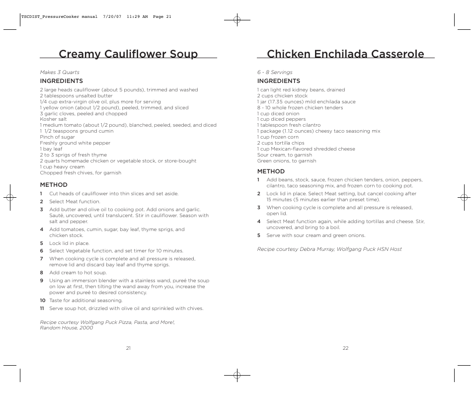 Chicken enchilada casserole, Creamy cauliflower soup | Wolfgang Puck WPPCR005C User Manual | Page 12 / 32