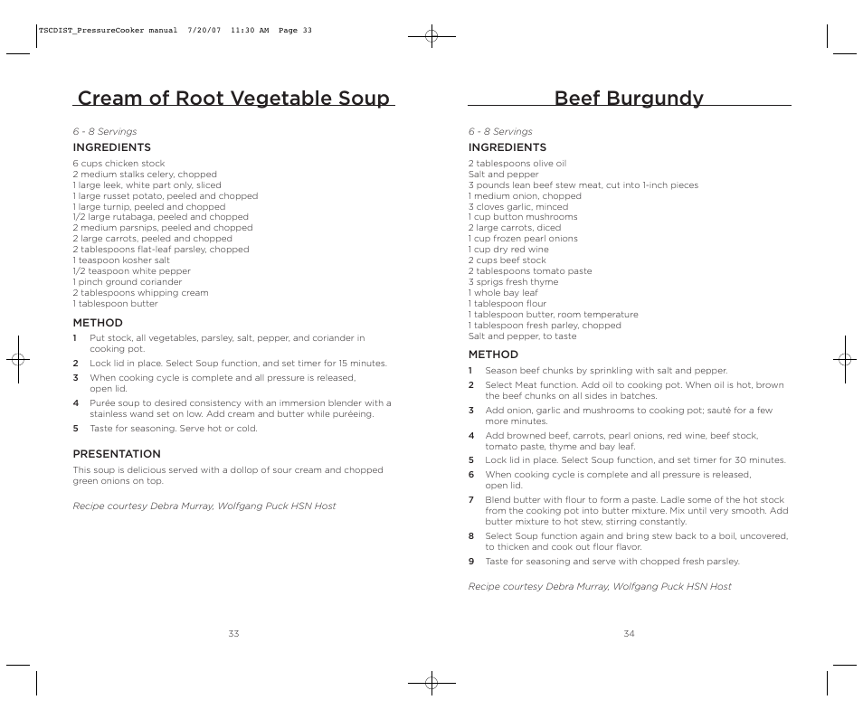 Beef burgundy, Cream of root vegetable soup | Wolfgang Puck WPPCR005C User Manual | Page 18 / 32