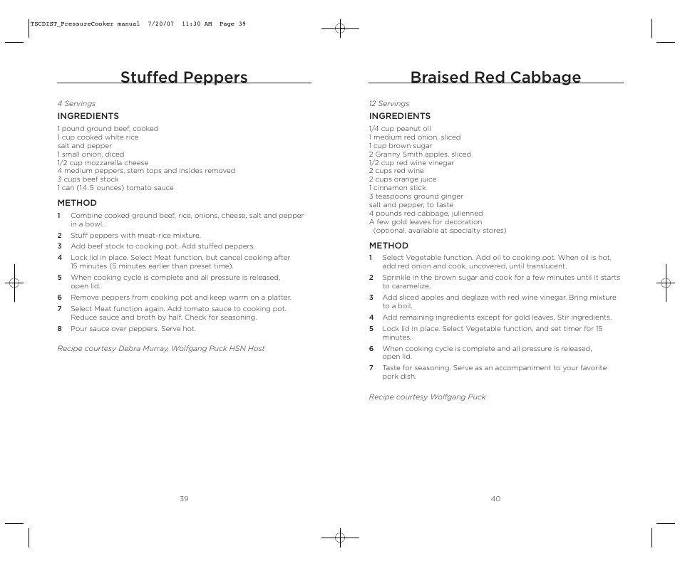 Braised red cabbage, Stuffed peppers | Wolfgang Puck WPPCR005C User Manual | Page 21 / 32