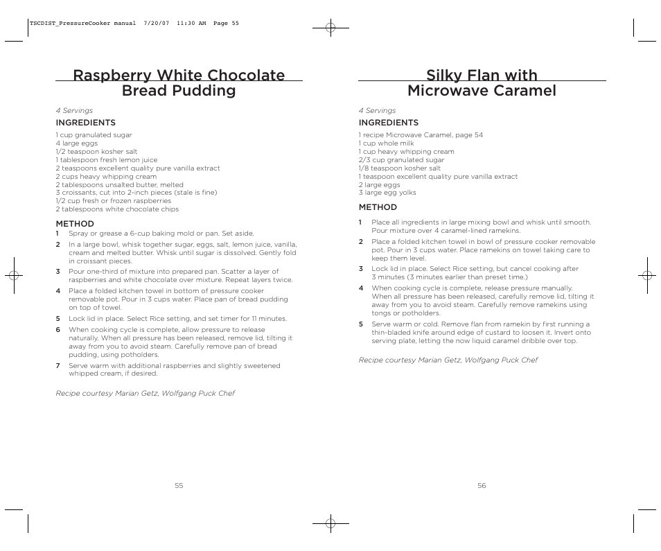 Silky flan with microwave caramel, Raspberry white chocolate bread pudding | Wolfgang Puck WPPCR005C User Manual | Page 29 / 32