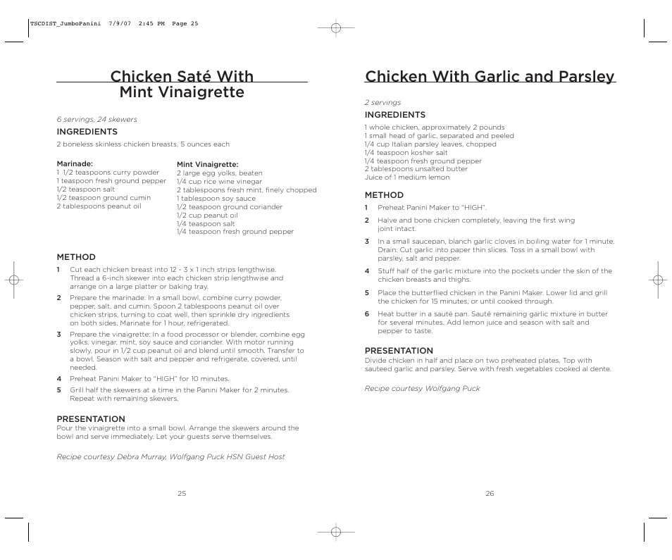 Chicken with garlic and parsley, Chicken saté with mint vinaigrette | Wolfgang Puck WPJP0020C User Manual | Page 14 / 22