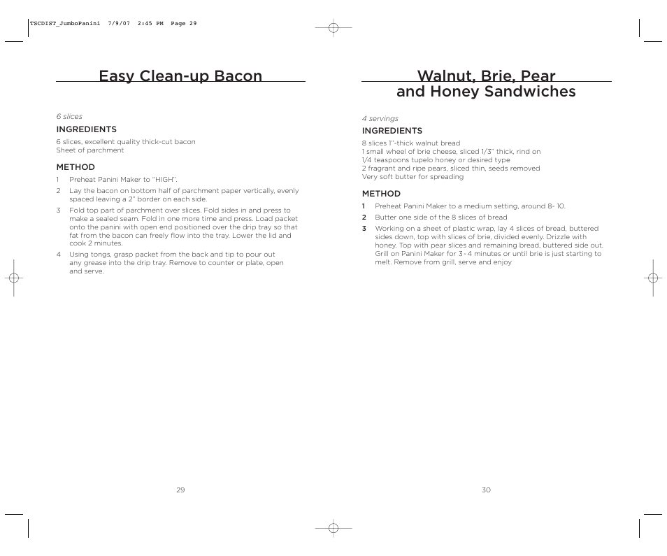 Easy clean-up bacon, Walnut, brie, pear and honey sandwiches | Wolfgang Puck WPJP0020C User Manual | Page 16 / 22