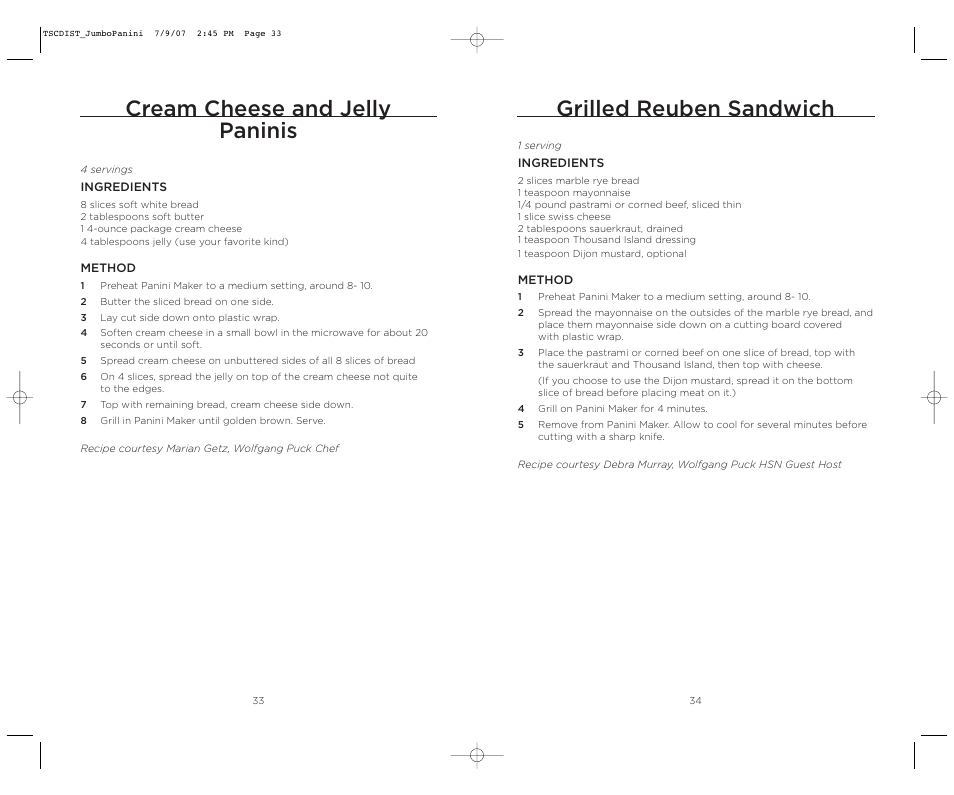 Cream cheese and jelly paninis, Grilled reuben sandwich | Wolfgang Puck WPJP0020C User Manual | Page 18 / 22