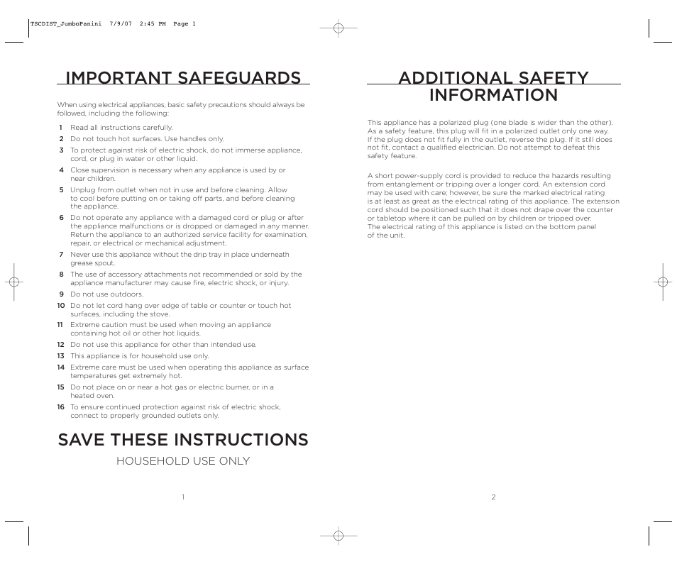 Important safeguards, Save these instructions, Additional safety information | Household use only | Wolfgang Puck WPJP0020C User Manual | Page 2 / 22