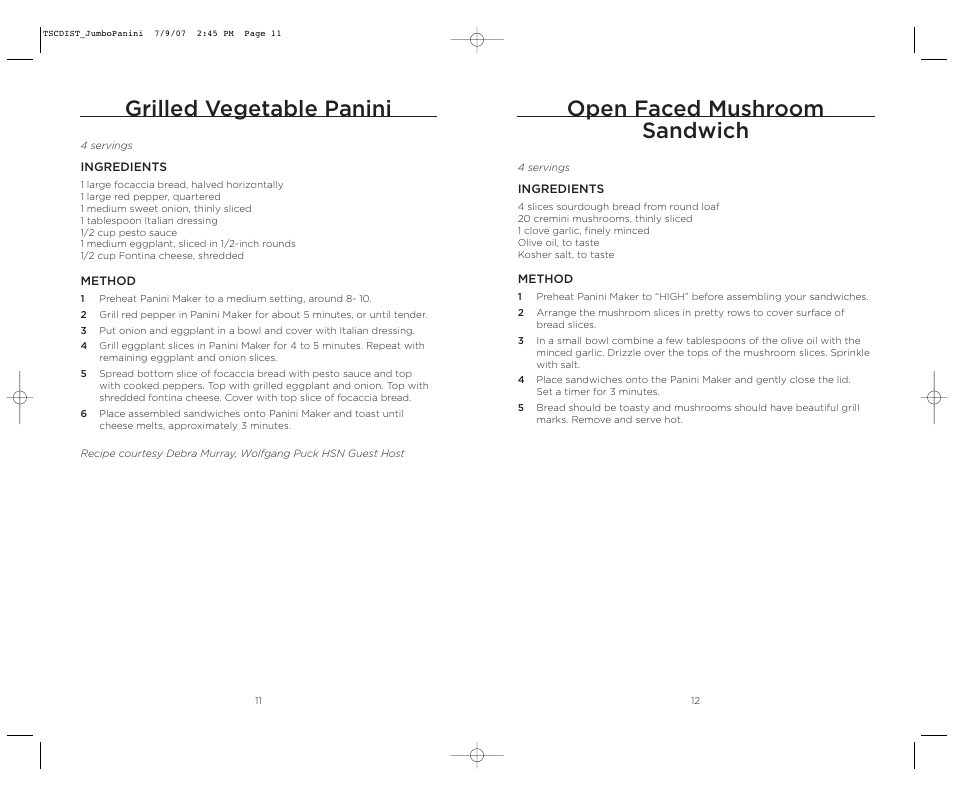 Open faced mushroom sandwich, Grilled vegetable panini | Wolfgang Puck WPJP0020C User Manual | Page 7 / 22
