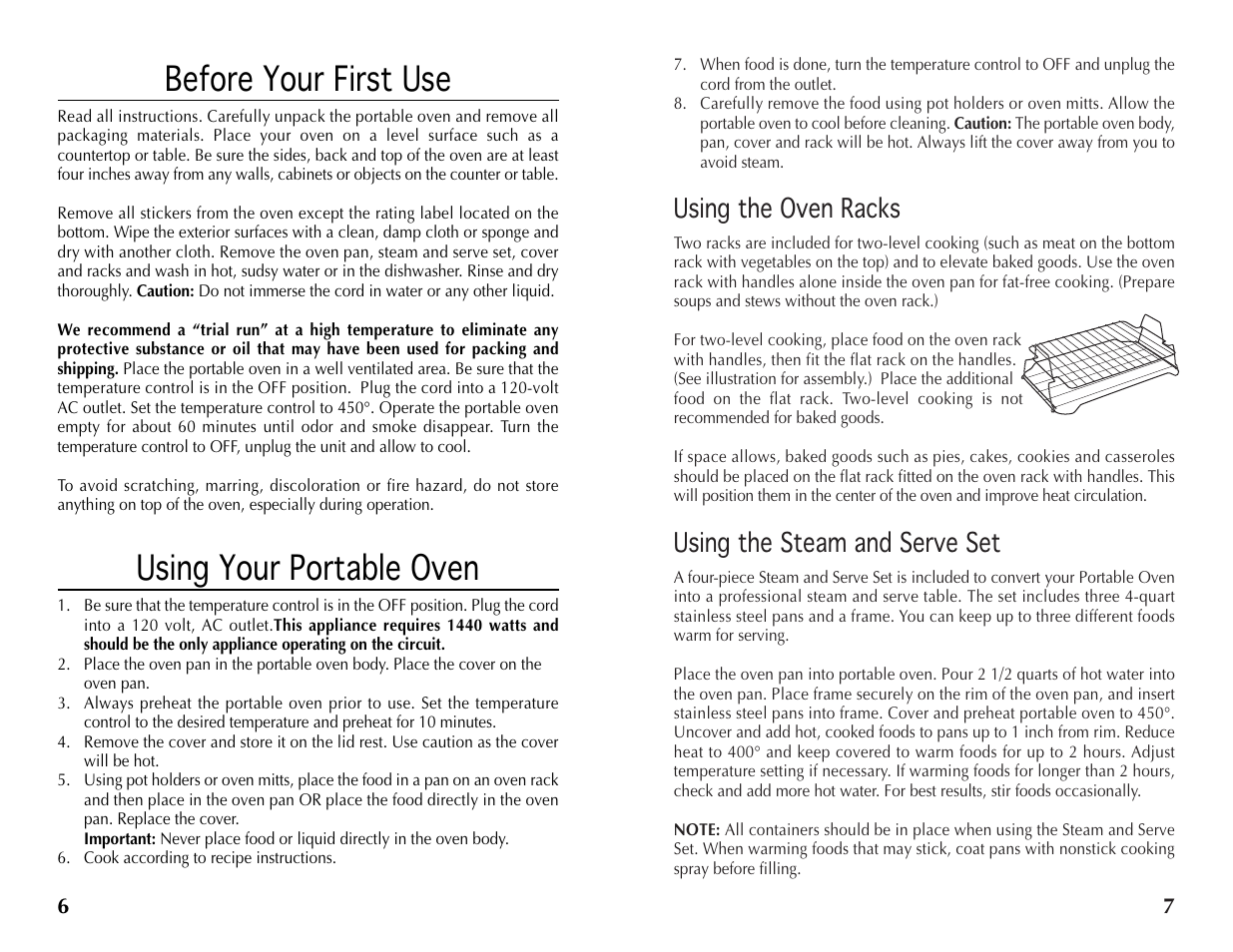 Before your first use, Using your portable oven, Using the oven racks | Using the steam and serve set | Wolfgang Puck BRON0118 User Manual | Page 4 / 14