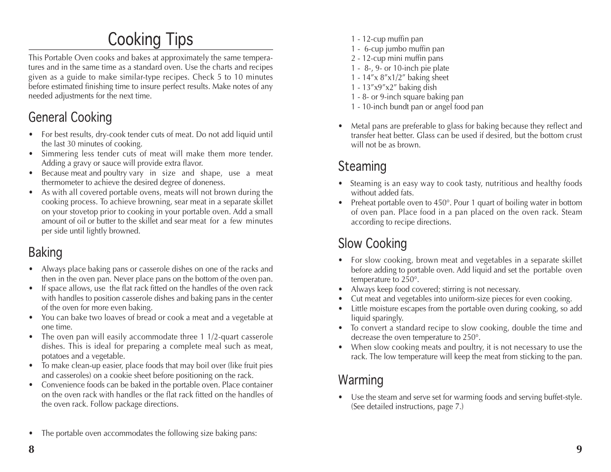 Cooking tips, Steaming, Slow cooking | Warming, General cooking, Baking | Wolfgang Puck BRON0118 User Manual | Page 5 / 14