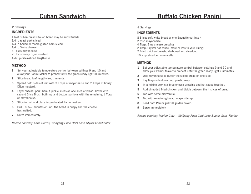 Cuban sandwich, Buffalo chicken panini | Wolfgang Puck BCGL0025 User Manual | Page 12 / 16