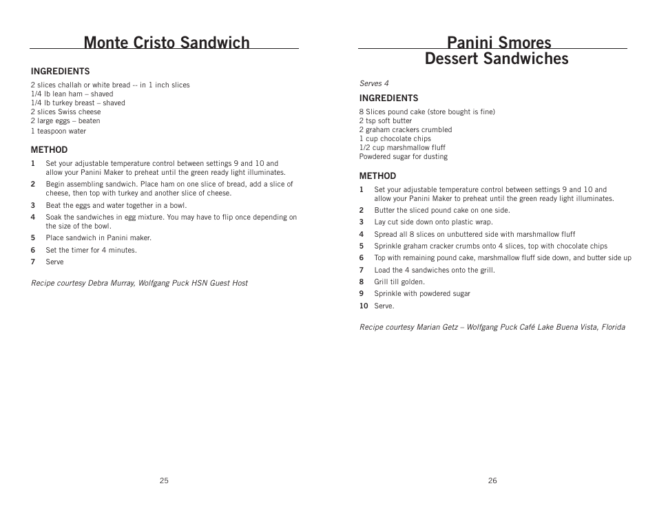 Monte cristo sandwich, Panini smores dessert sandwiches | Wolfgang Puck BCGL0025 User Manual | Page 14 / 16