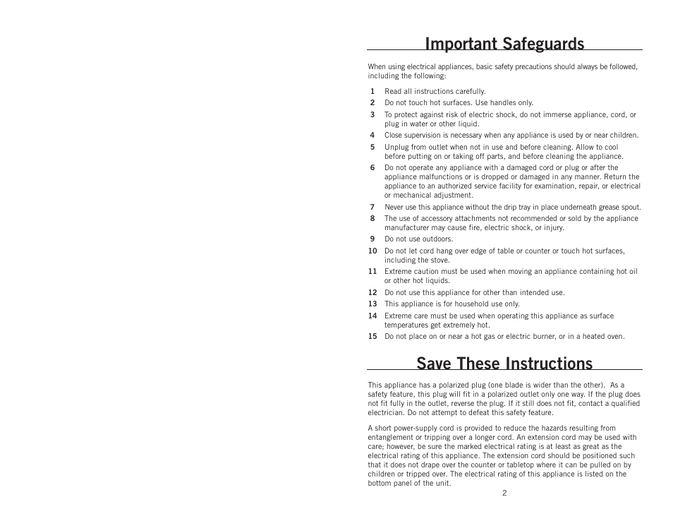 Important safeguards, Save these instructions | Wolfgang Puck BCGL0025 User Manual | Page 2 / 16