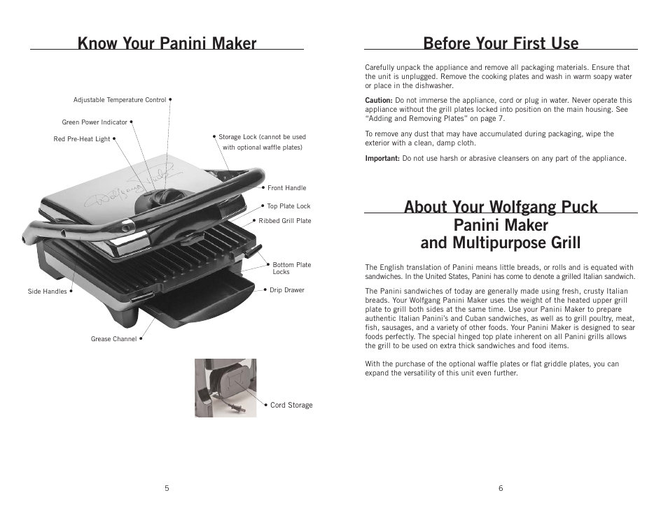 Know your panini maker, Before your first use | Wolfgang Puck BCGL0025 User Manual | Page 4 / 16