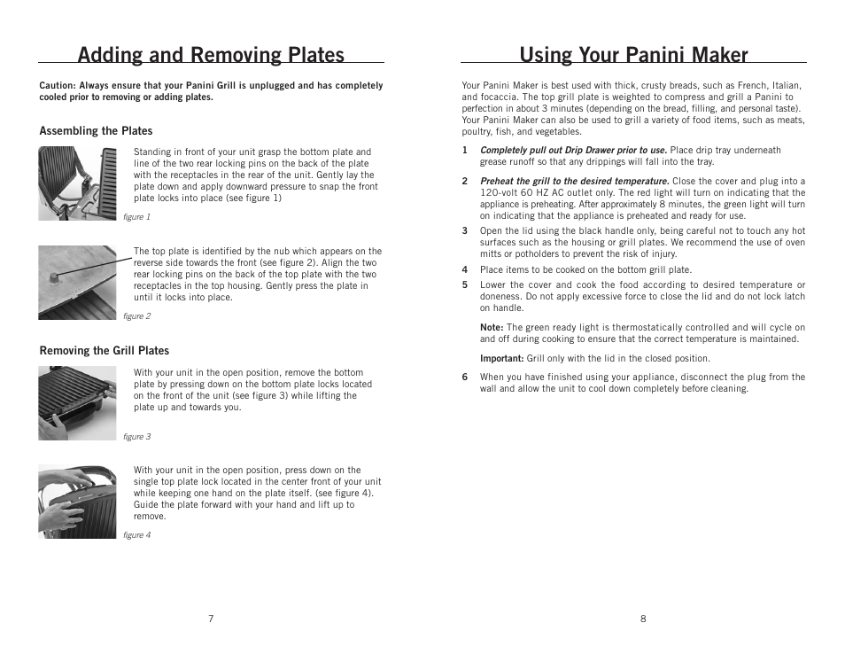 Adding and removing plates, Using your panini maker | Wolfgang Puck BCGL0025 User Manual | Page 5 / 16