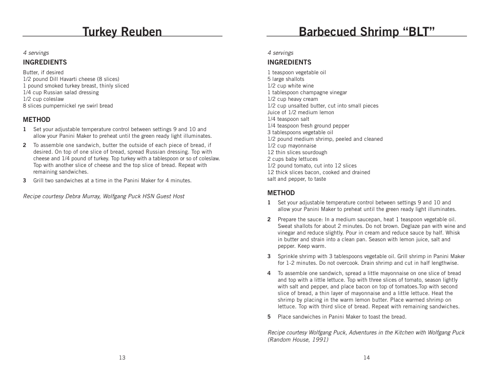 Barbecued shrimp “blt, Turkey reuben | Wolfgang Puck BCGL0025 User Manual | Page 8 / 16