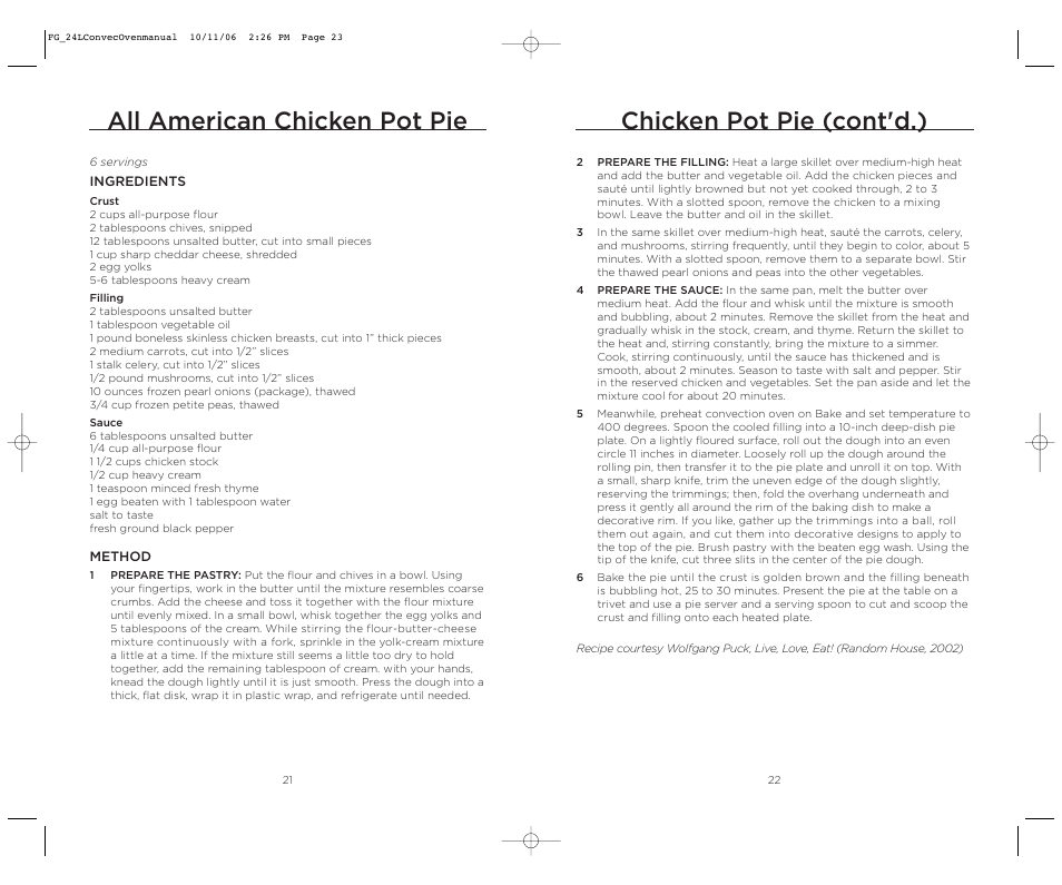 All american chicken pot pie, Chicken pot pie (cont'd.) | Wolfgang Puck WPSSCO24 User Manual | Page 12 / 22