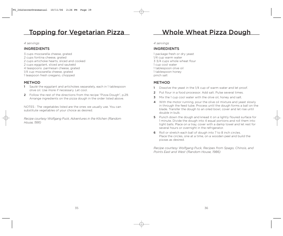 Topping for vegetarian pizza, Whole wheat pizza dough | Wolfgang Puck WPSSCO24 User Manual | Page 20 / 22