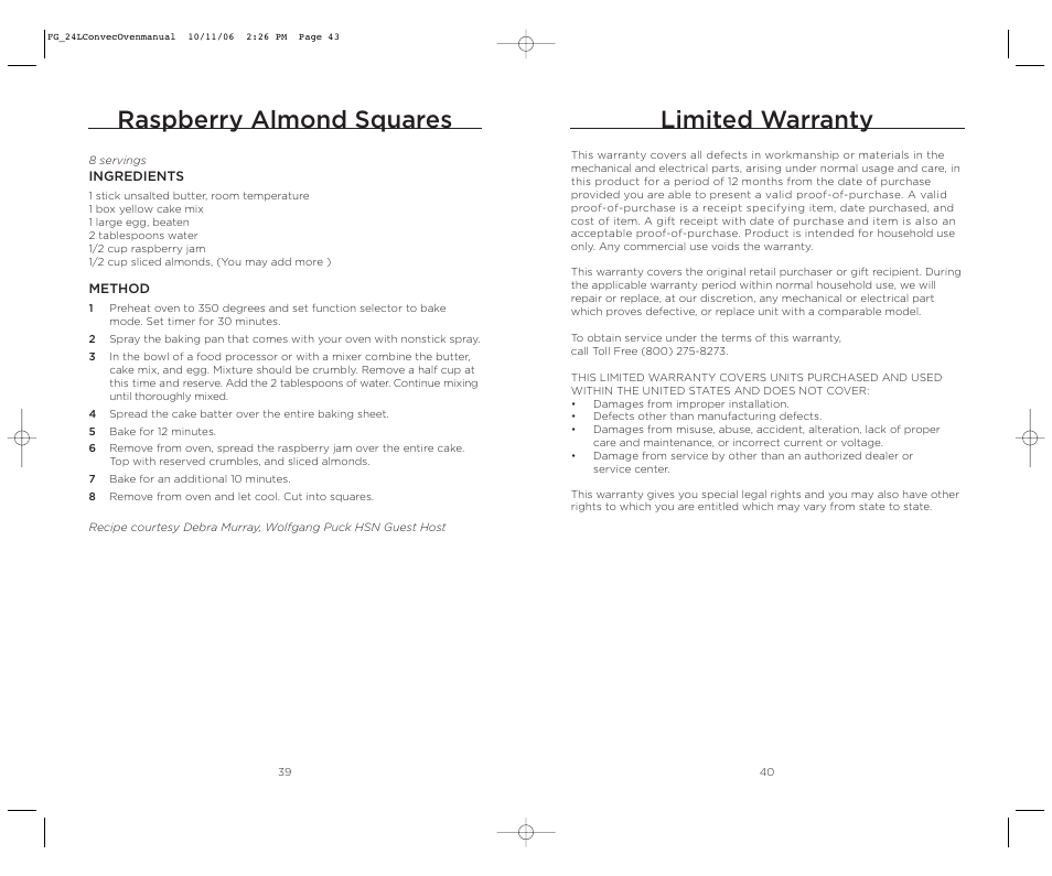 Raspberry almond squares, Limited warranty | Wolfgang Puck WPSSCO24 User Manual | Page 22 / 22