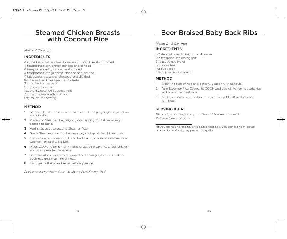 Beer braised baby back ribs, Steamed chicken breasts with coconut rice | Wolfgang Puck BDRCRS007 User Manual | Page 11 / 38