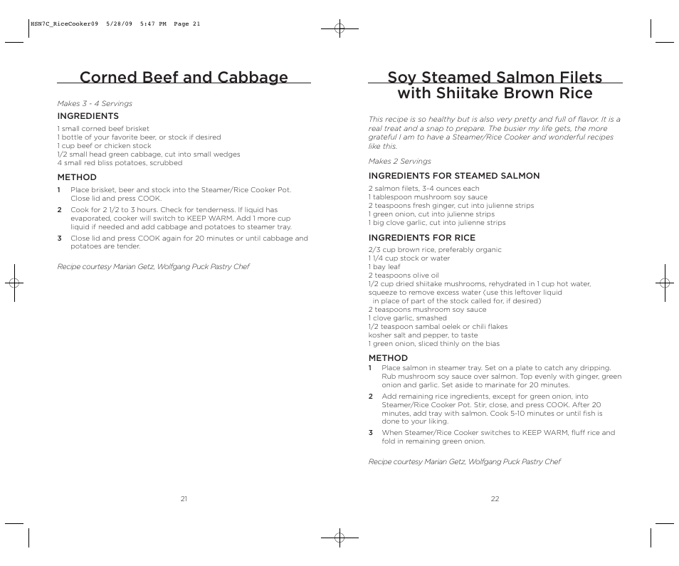 Soy steamed salmon filets with shiitake brown rice, Corned beef and cabbage | Wolfgang Puck BDRCRS007 User Manual | Page 12 / 38