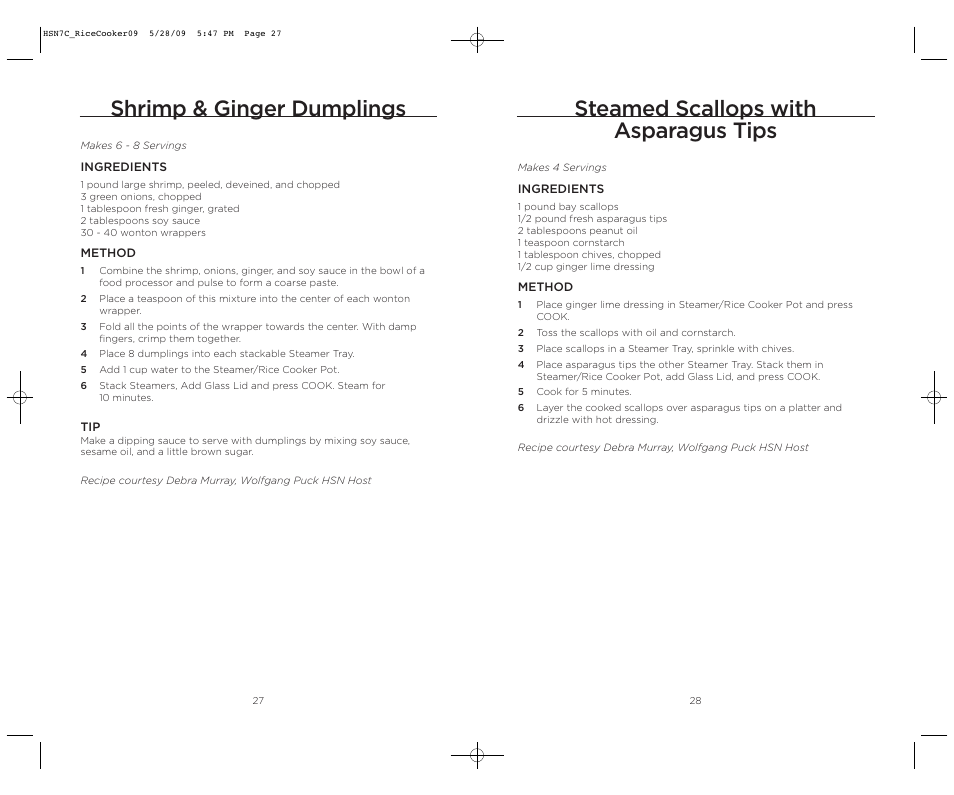 Shrimp & ginger dumplings, Steamed scallops with asparagus tips | Wolfgang Puck BDRCRS007 User Manual | Page 15 / 38
