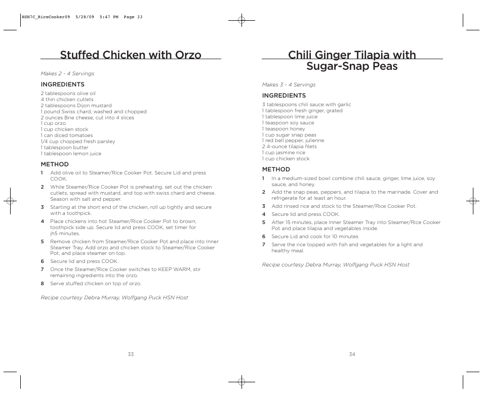 Stuffed chicken with orzo, Chili ginger tilapia with sugar-snap peas | Wolfgang Puck BDRCRS007 User Manual | Page 18 / 38