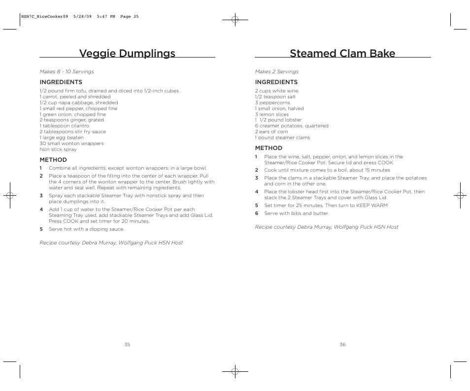 Steamed clam bake, Veggie dumplings | Wolfgang Puck BDRCRS007 User Manual | Page 19 / 38