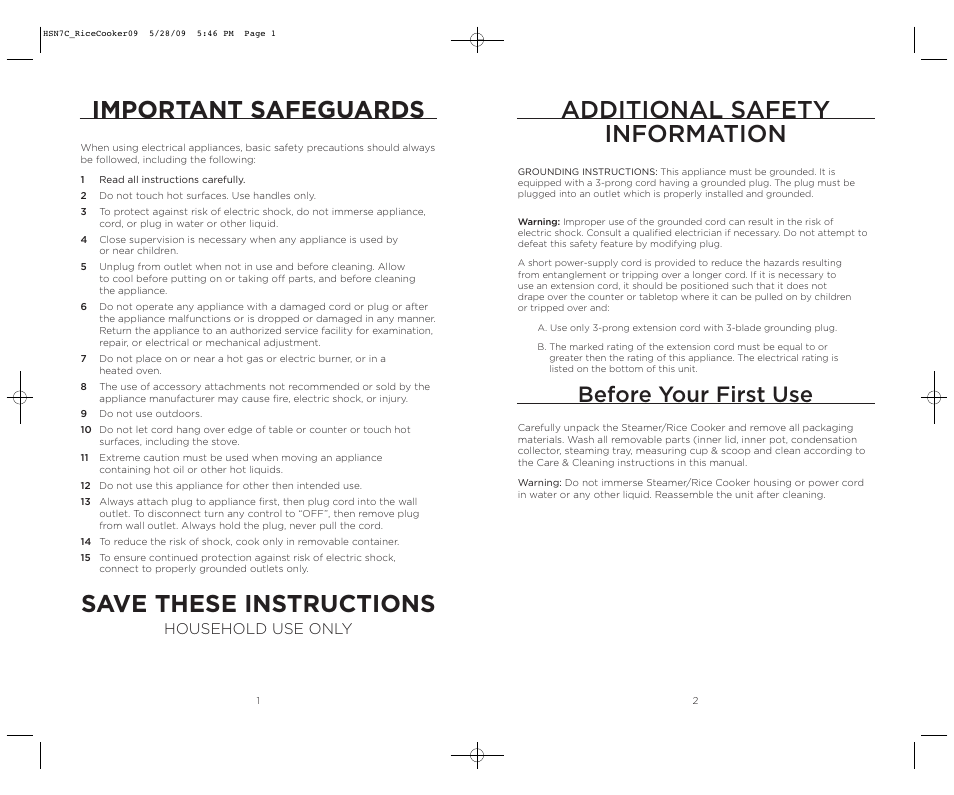 Additional safety information important safeguards, Save these instructions, Before your first use | Household use only | Wolfgang Puck BDRCRS007 User Manual | Page 2 / 38