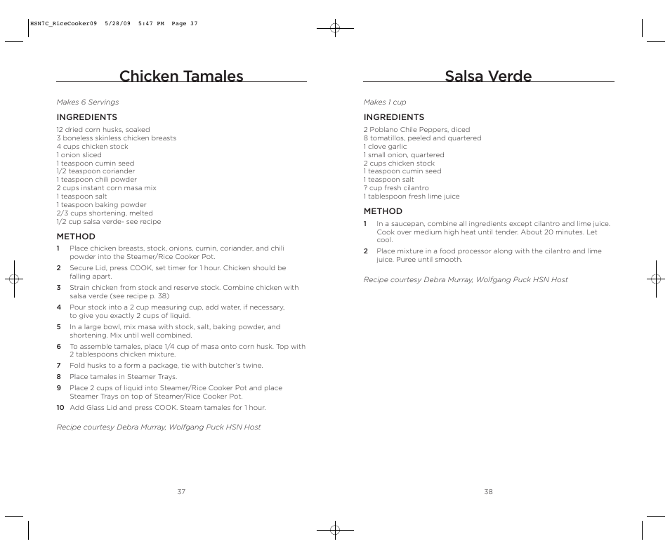 Chicken tamales, Salsa verde | Wolfgang Puck BDRCRS007 User Manual | Page 20 / 38