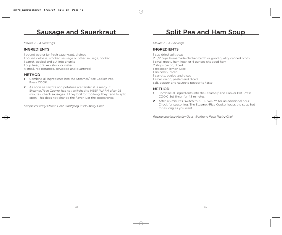 Split pea and ham soup, Sausage and sauerkraut | Wolfgang Puck BDRCRS007 User Manual | Page 22 / 38