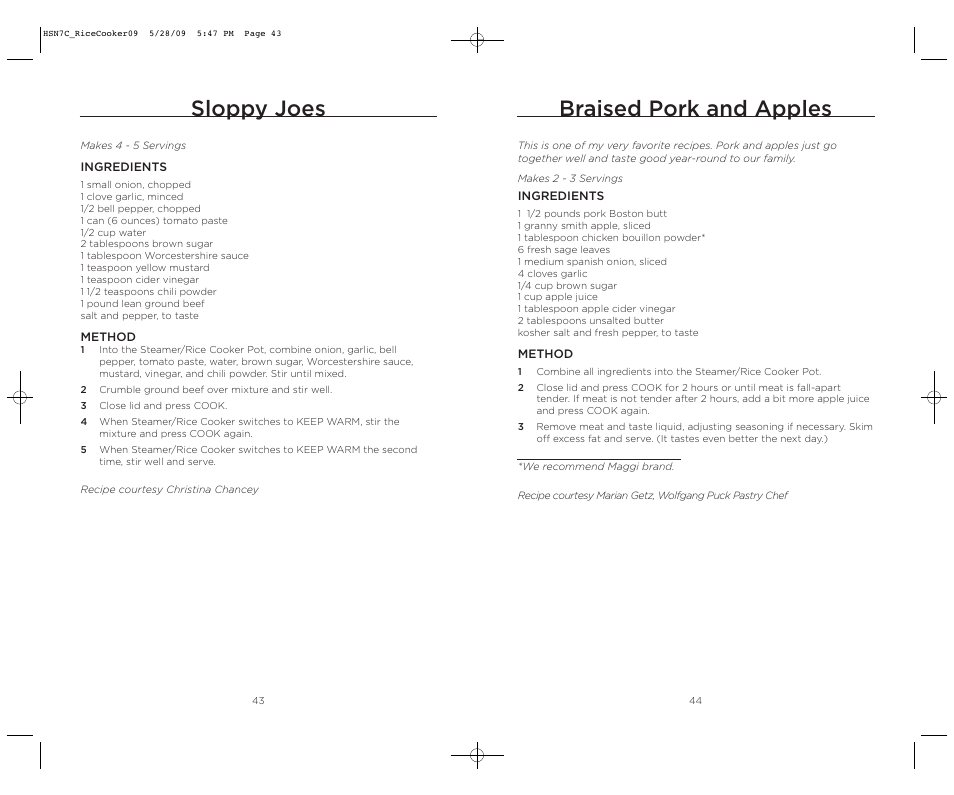 Braised pork and apples, Sloppy joes | Wolfgang Puck BDRCRS007 User Manual | Page 23 / 38