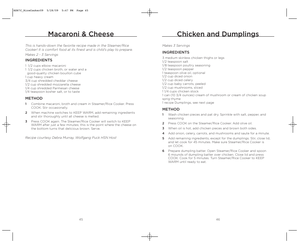 Chicken and dumplings, Macaroni & cheese | Wolfgang Puck BDRCRS007 User Manual | Page 24 / 38